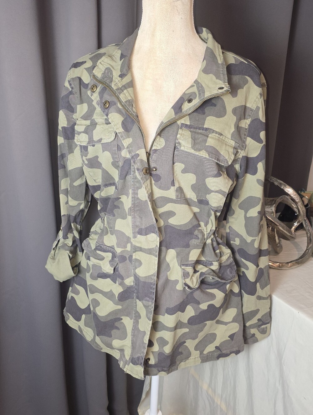 Womens Camo Utility Jacket L Military Anorak Drawstring Waist Cargo Coat